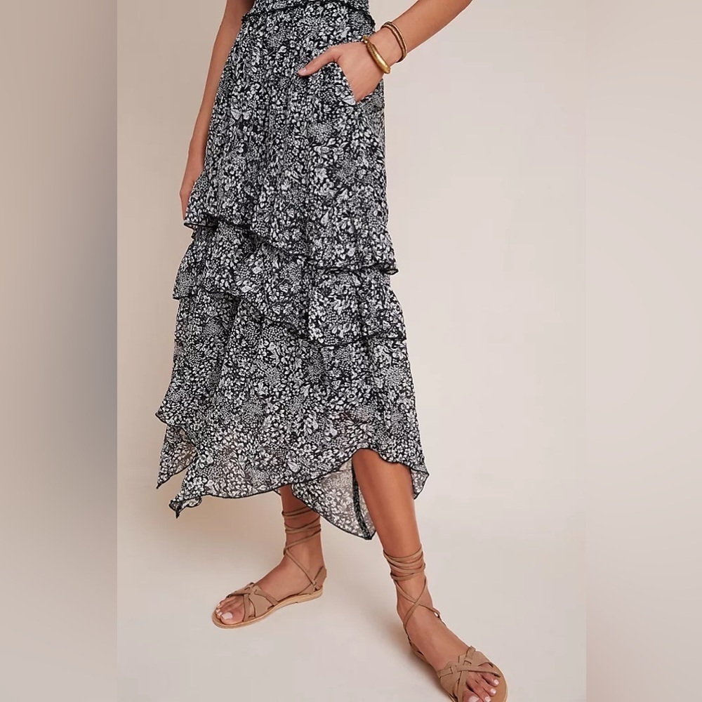Anthropologie Marcella Tiered Midi Dress black white floral 26838 - Picture 6 of 15